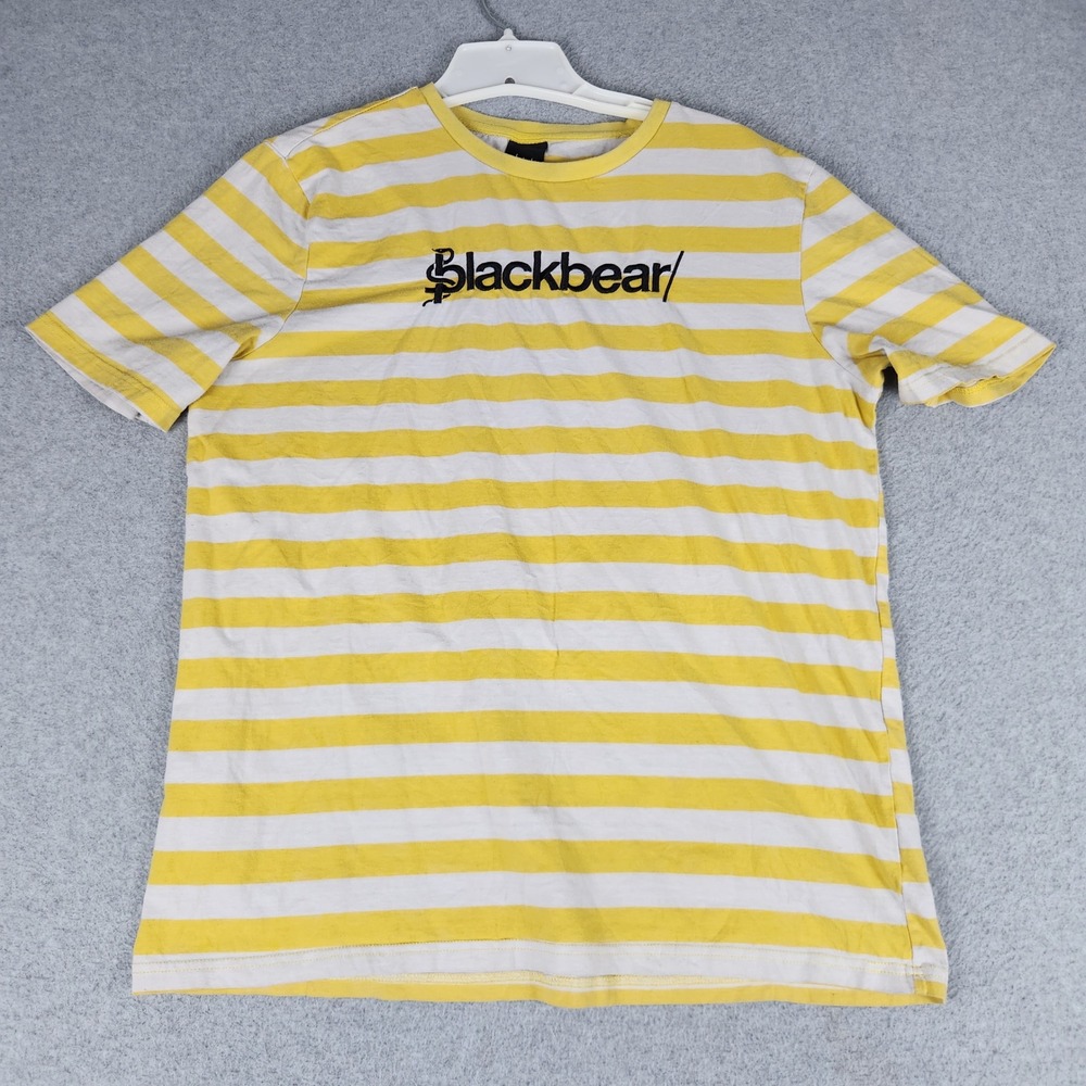 Vakate T-Shirt Mens Large Yellow White Striped Black Bear Graphic Crew Neck Tee